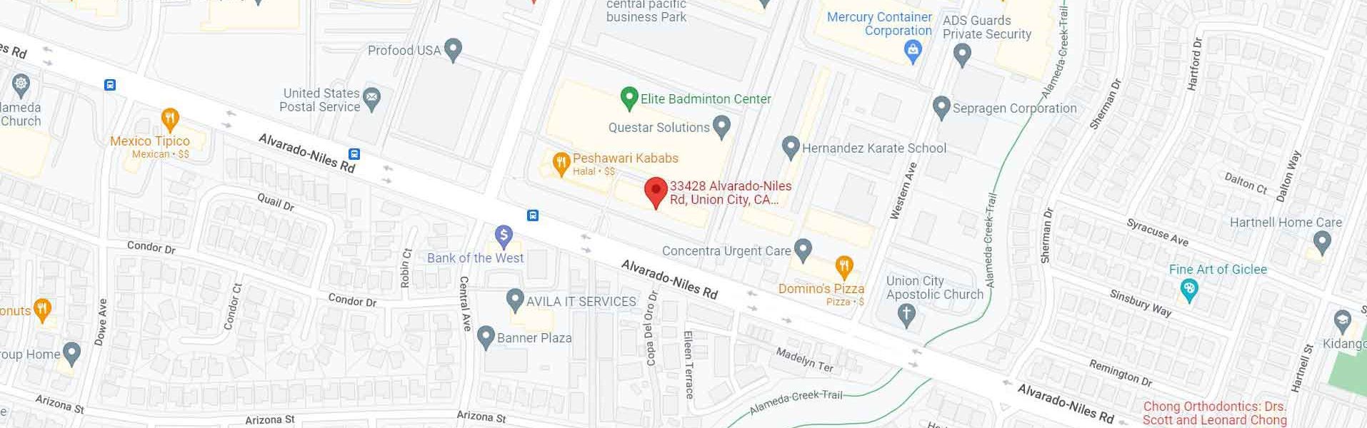 map of Union City location of Healing Springs Acupuncture's location (33428 Alvarado Niles Rd, Union City CA 94587)