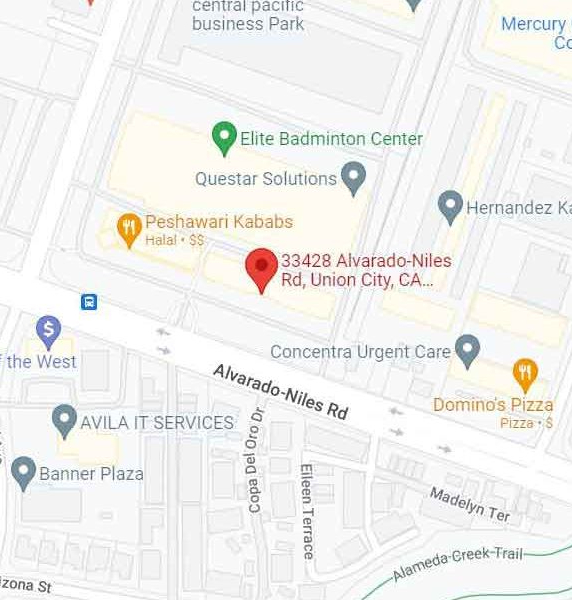 map of Union City location of Healing Springs Acupuncture's location (33428 Alvarado Niles Rd, Union City CA 94587)